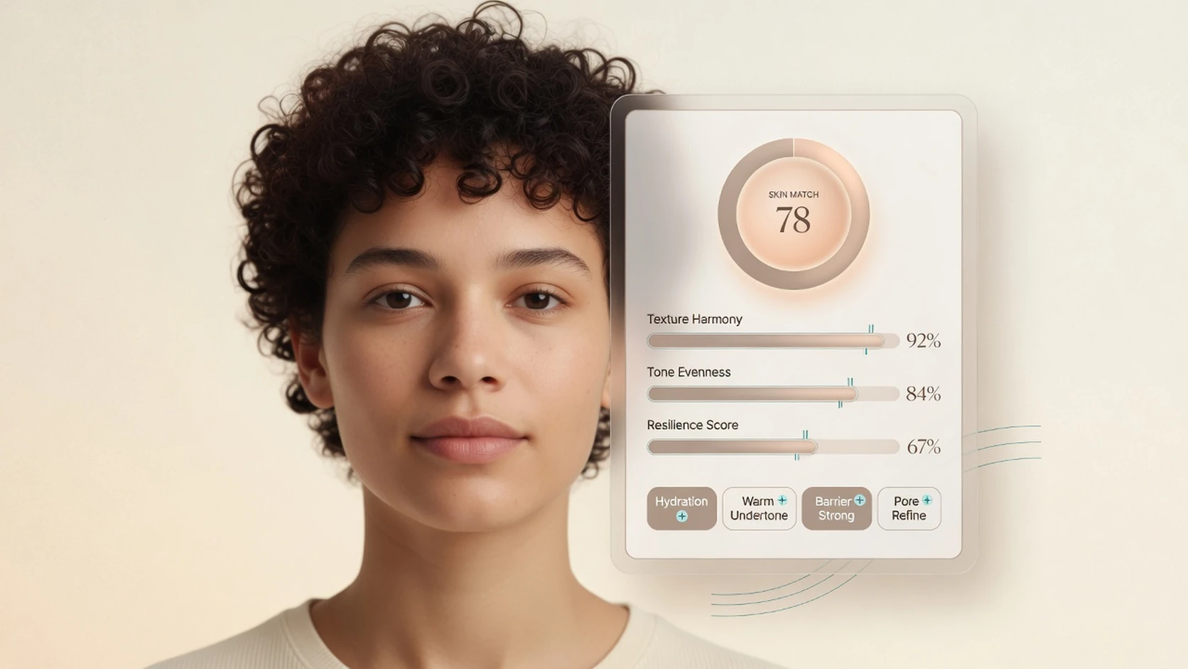 Person reviewing a private face analysis score card with confidence bars beside the face