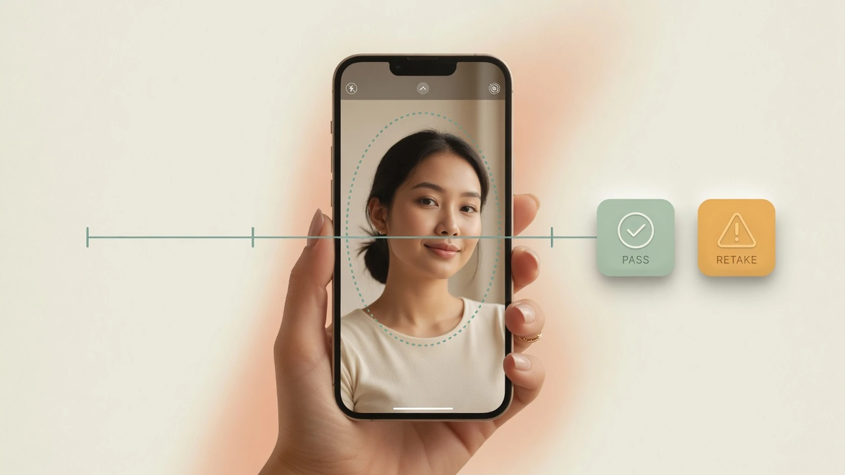 Phone selfie framed for face analysis with pass and retake guidance badges