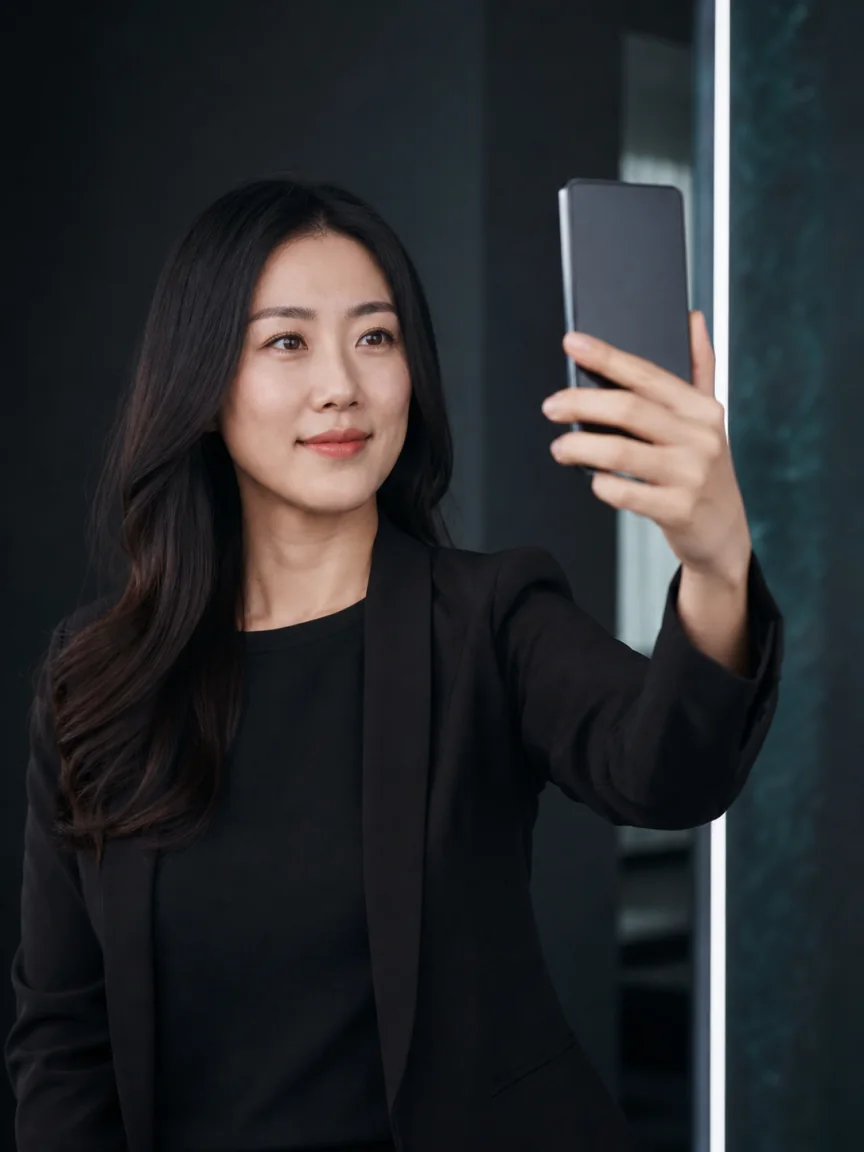 Woman preparing a fair front capture with a phone on a tripod