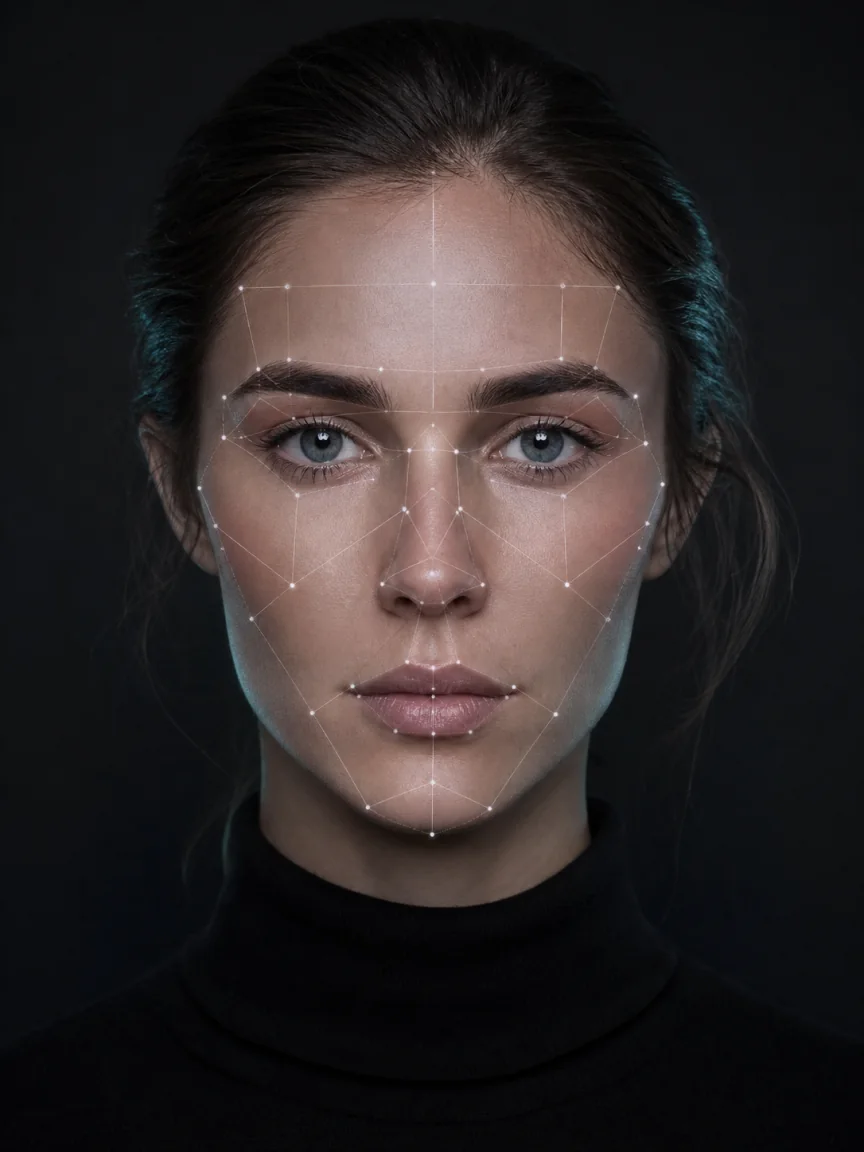 Woman reviewing a private facial analysis on a tablet