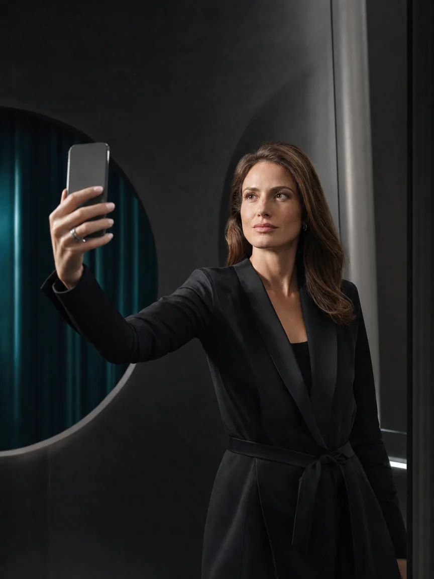 Eye-level selfie pose for a facial thirds photo