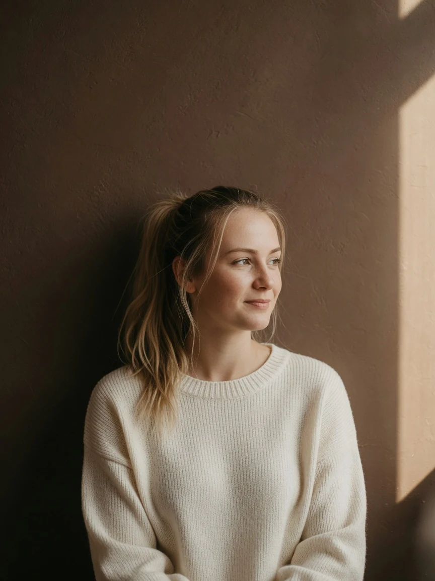 Soft editorial portrait for apparent-age photo cues